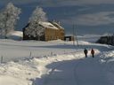 Le chemin et la maison des voisins pendant l'hiver.